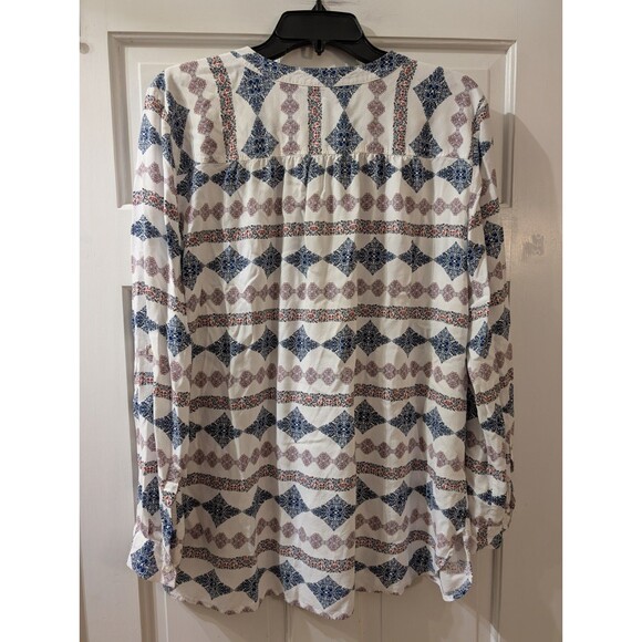 LOFT Womens XL Long Sleeve Boho Geometric Blouse Ivory Blue Tunic Top - Picture 5 of 12
